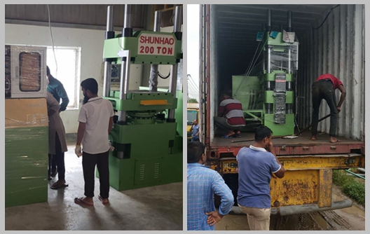 शुनहाओ 150-टन 200-टन मेलामाइन वेयर मोल्डिंग मशीनें ग्राहक के कारखाने में उतारी गईं
